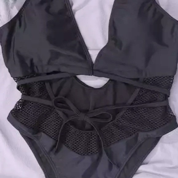 Swimsuit Black Mesh Cut Out Lace Up One Piece Swimsuit - Picture 5 of 5